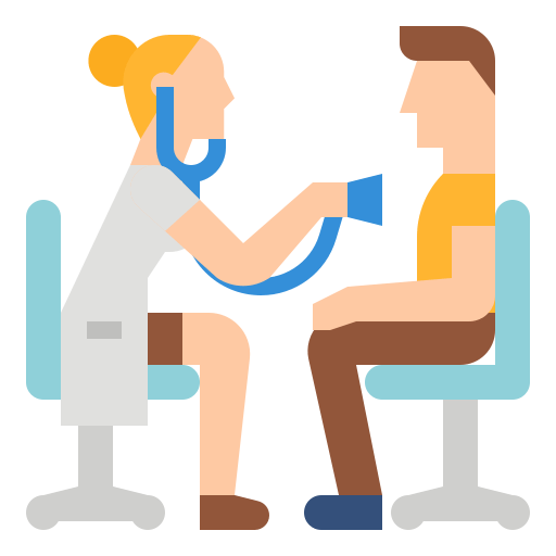 A pixel art of a doctor examining a patient.