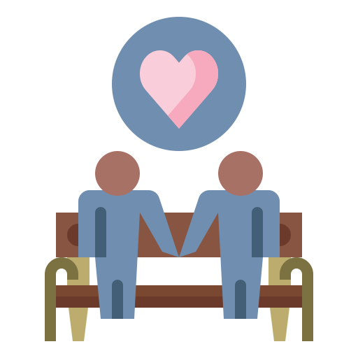 Two people sitting on a bench with a heart above them.