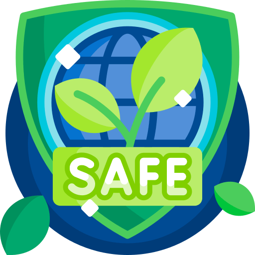 A green shield with leaves and the word safe.